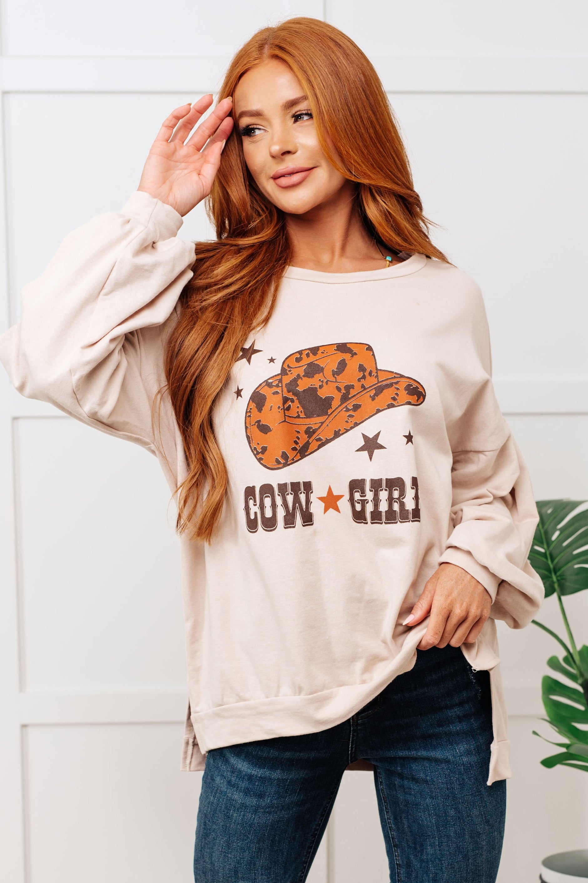 Cow Girl Graphic Pullover in Stone - SwagglyLife Home & Fashion